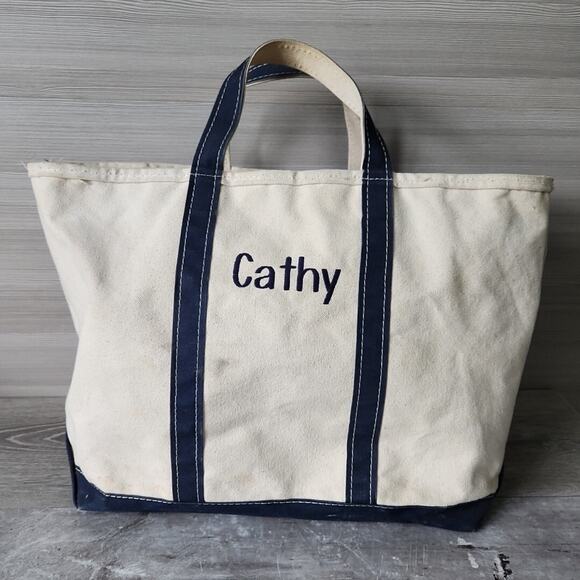Vintage LL Bean Boat & Tote Navy Blue Zip Top Stiff Canvas Bag 15 x 20” Cathy - Picture 1 of 11